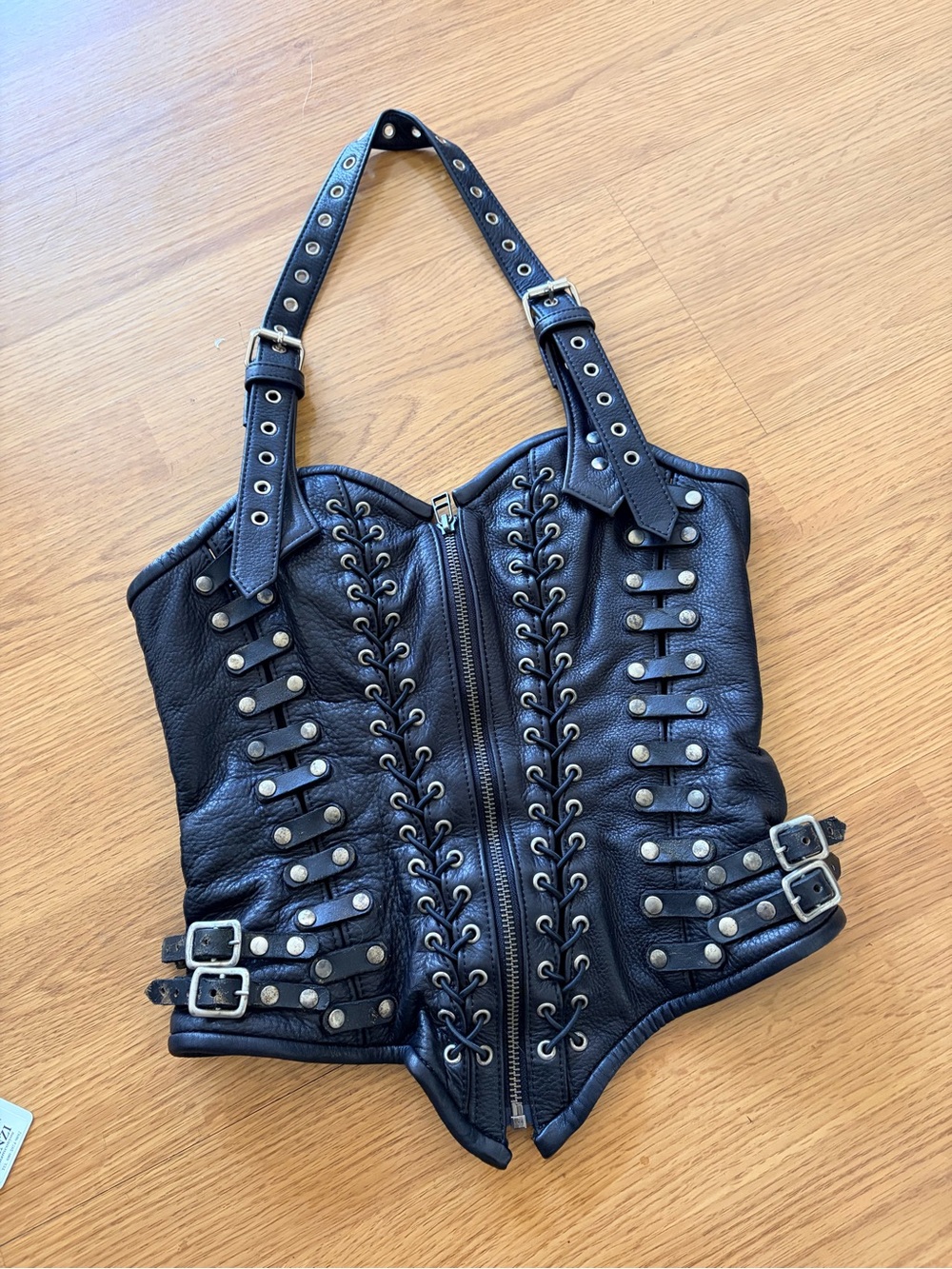 Ginzi black genuine leather corset with buckles and eyelets